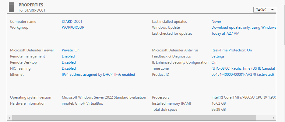 Windows Server Manager showing the server renamed to STARK-DC01
