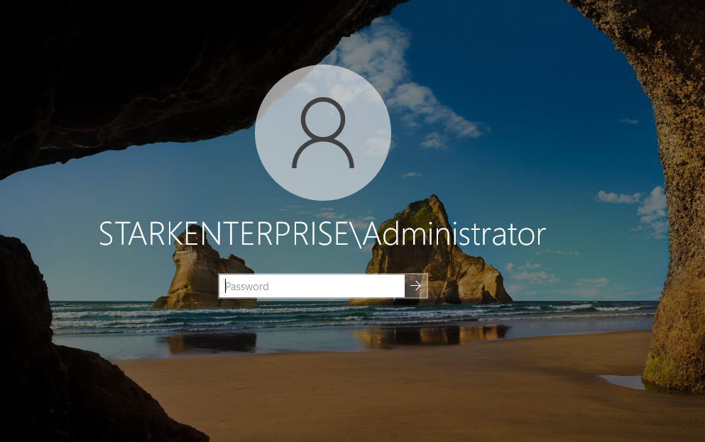 Windows login screen showing STARKENTERPRISE\Administrator after promotion