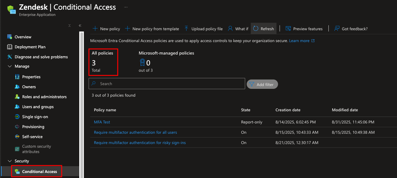 Conditional Access policy requiring multi-factor authentication for the Zendesk agents group