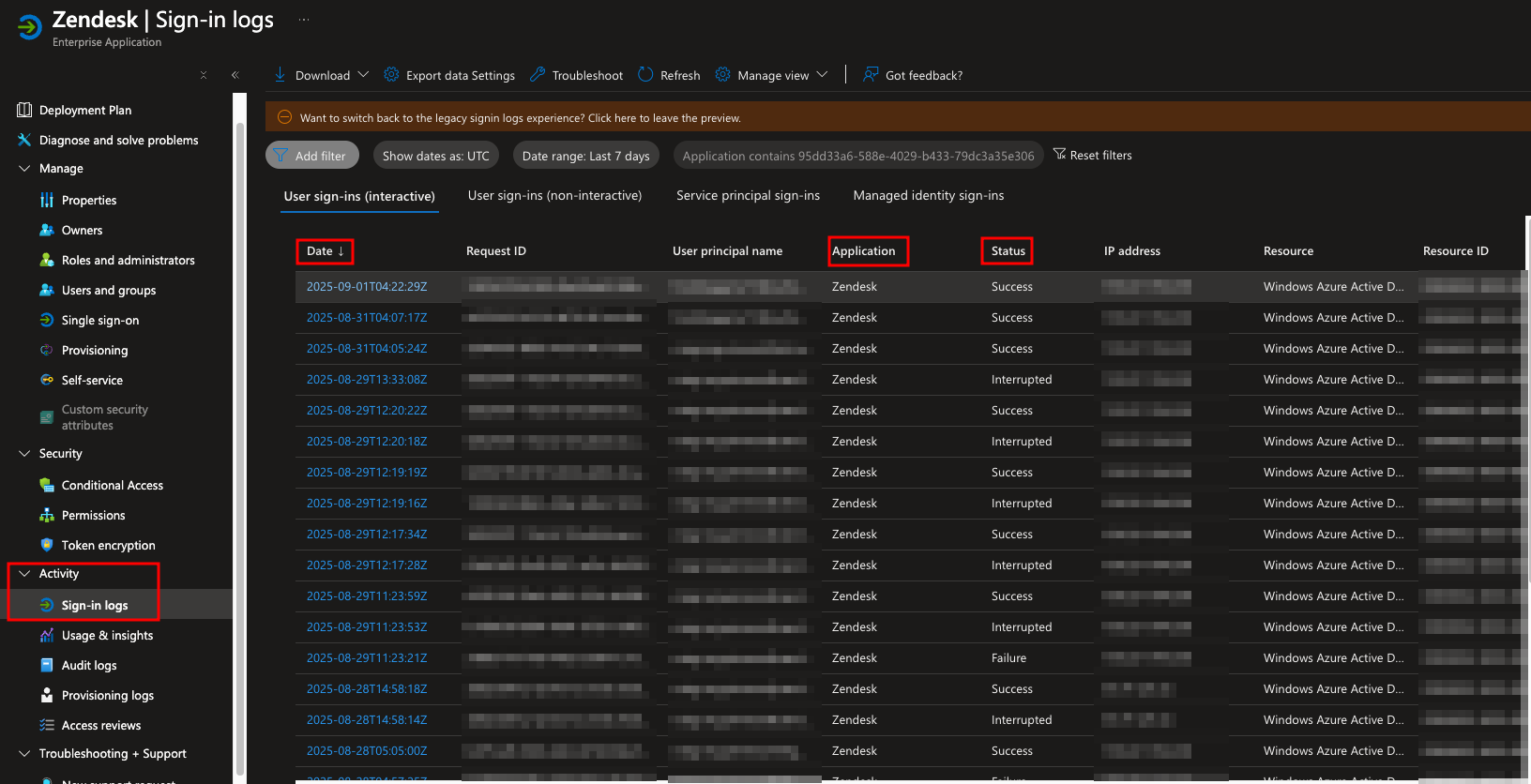 Microsoft Entra ID sign-in logs showing successful authentication with MFA satisfied for Zendesk