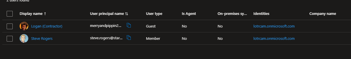 Microsoft Entra ID user list showing a cloud-only member account next to an external guest account