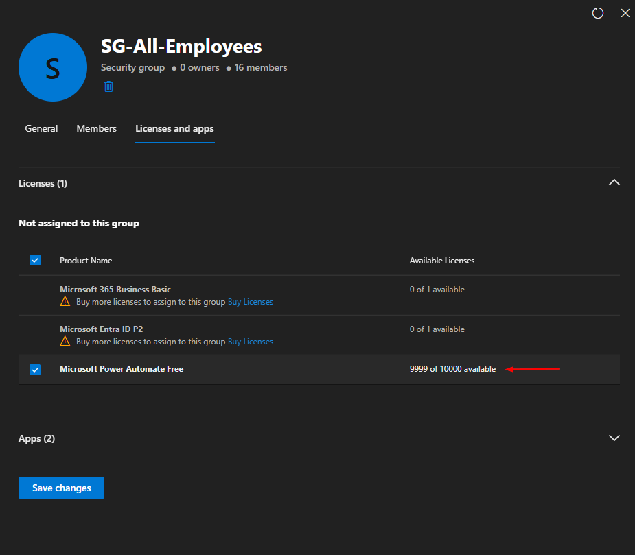 Group-based licensing assignment showing a Microsoft license attached to SG-All-Employees