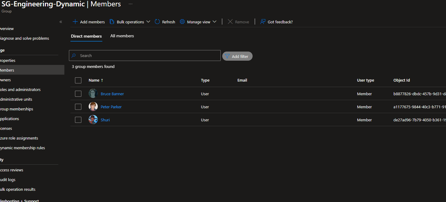Entra ID dynamic group configured with an attribute-based membership rule for the Engineering department