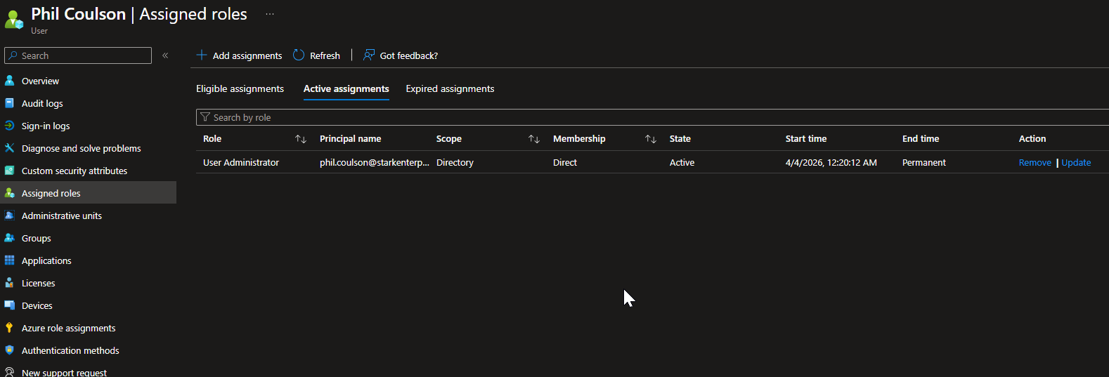 Phil Coulson's assigned roles showing User Administrator
