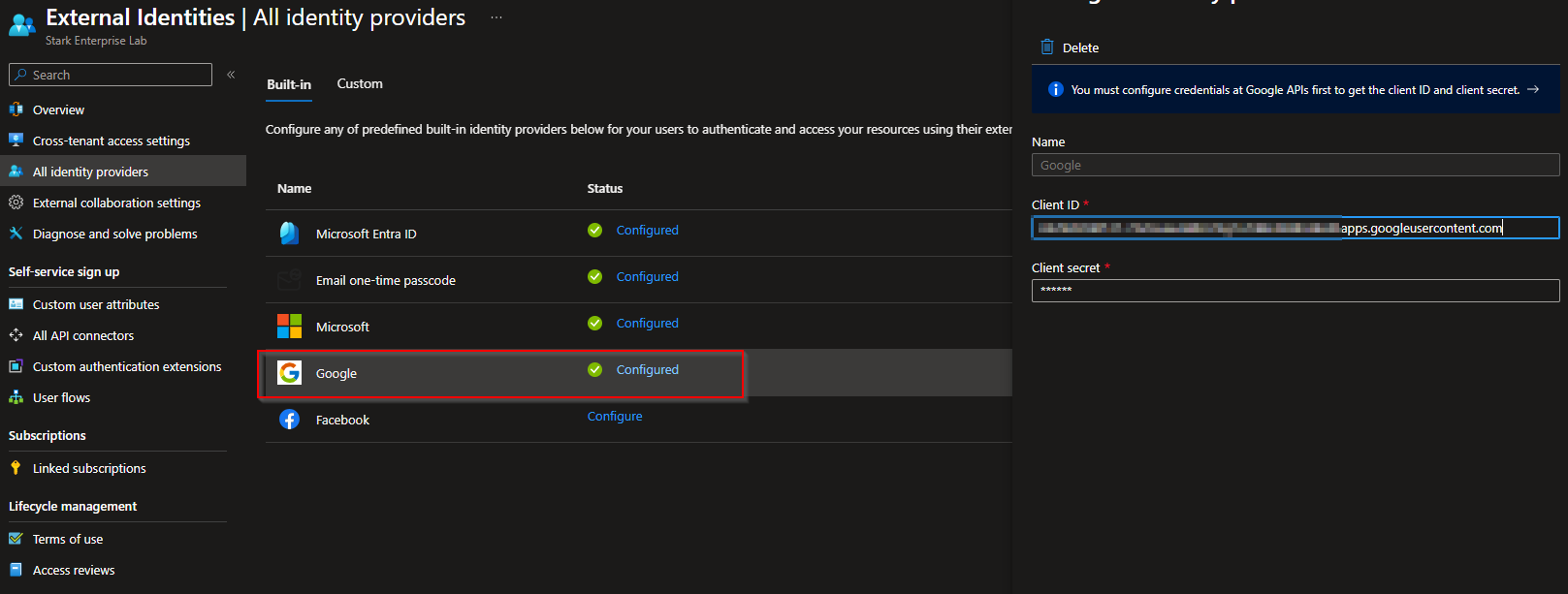Google configured as a federated identity provider in Microsoft Entra ID