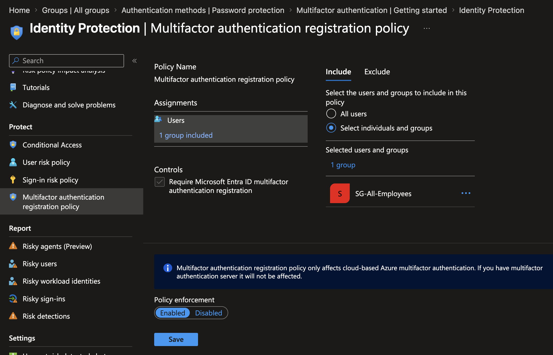 MFA registration policy scoped to all internal employees