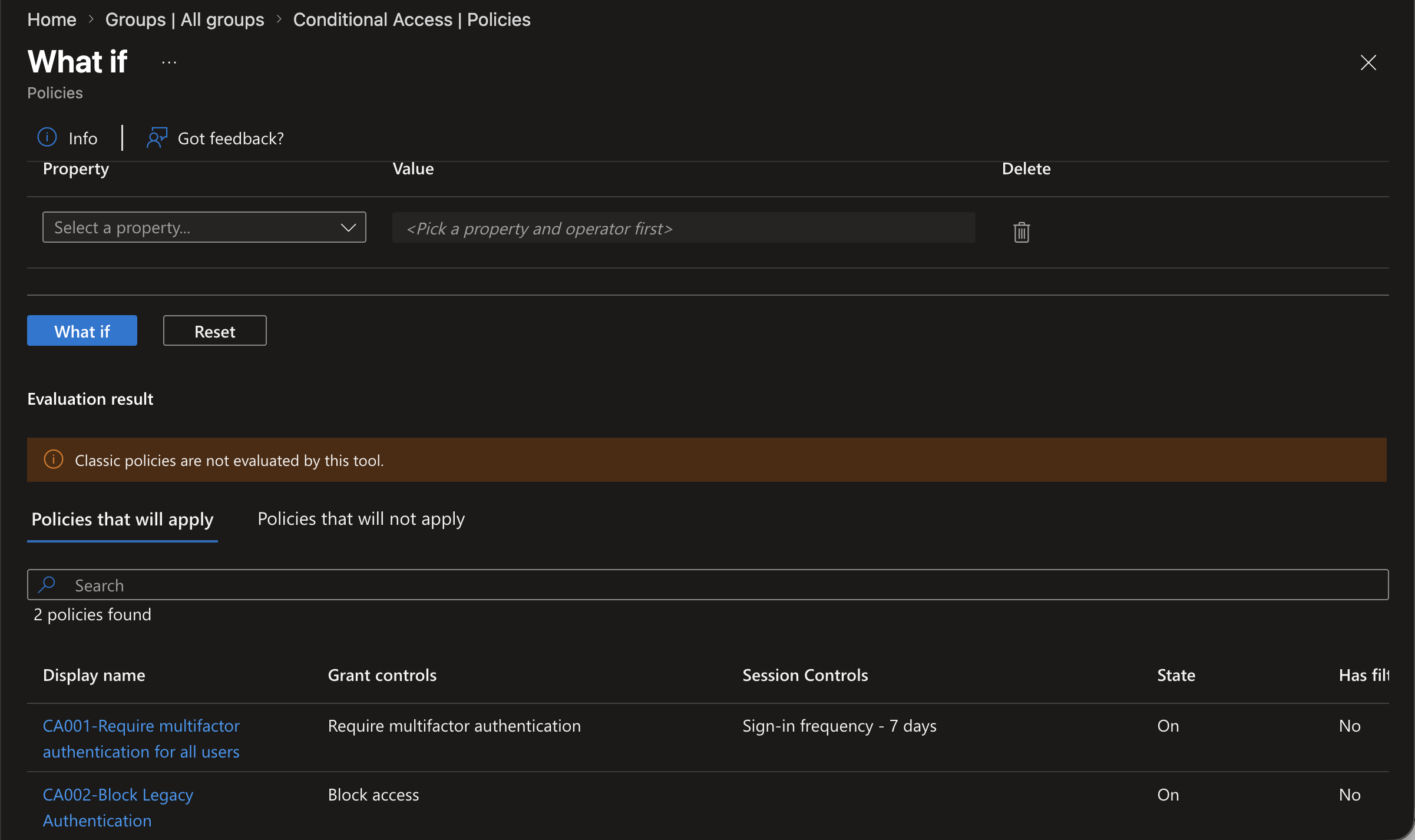 Conditional Access What If tool showing which policies apply to a test sign-in