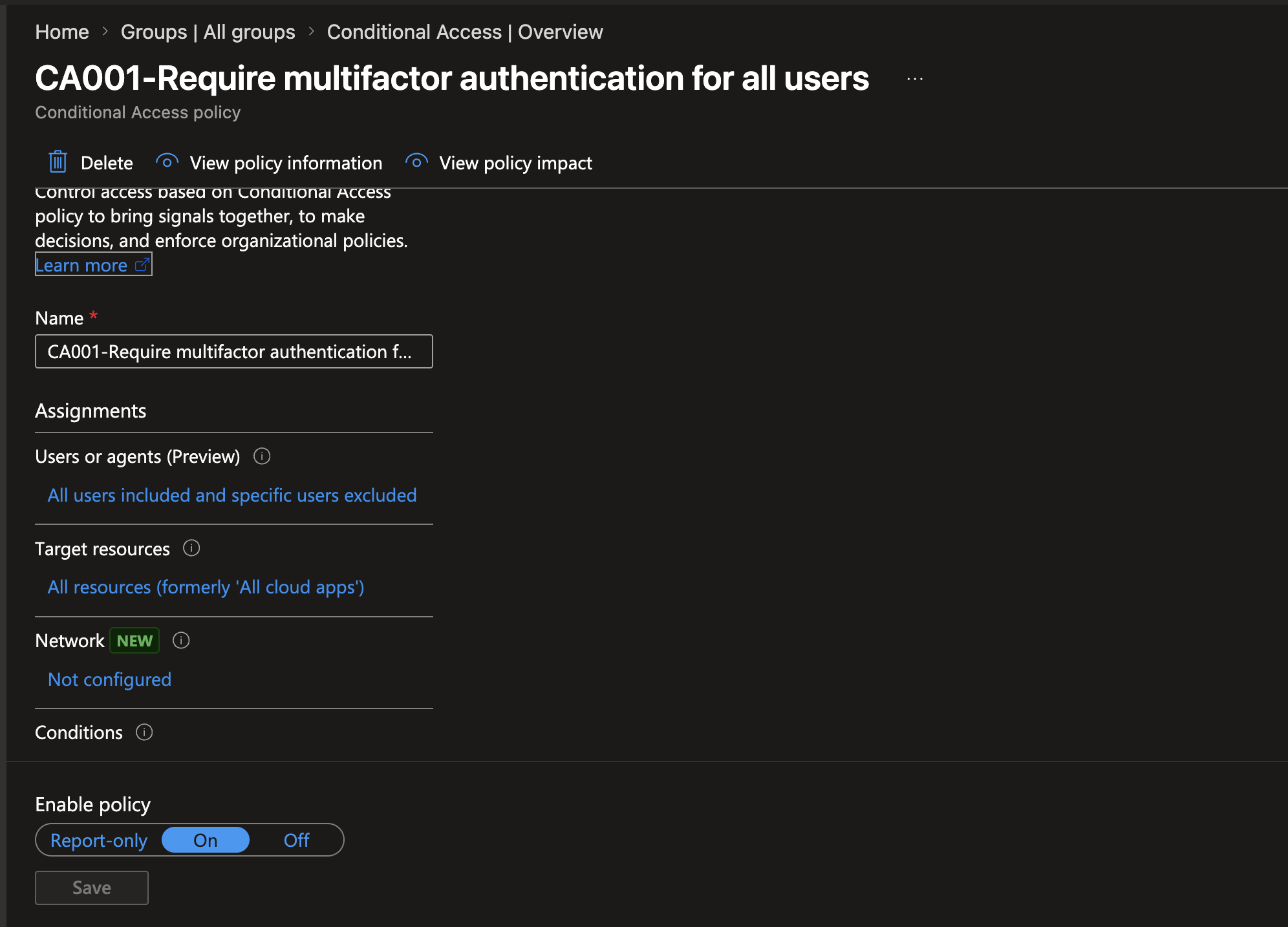 Conditional Access policy requiring multi-factor authentication for all users and all cloud apps