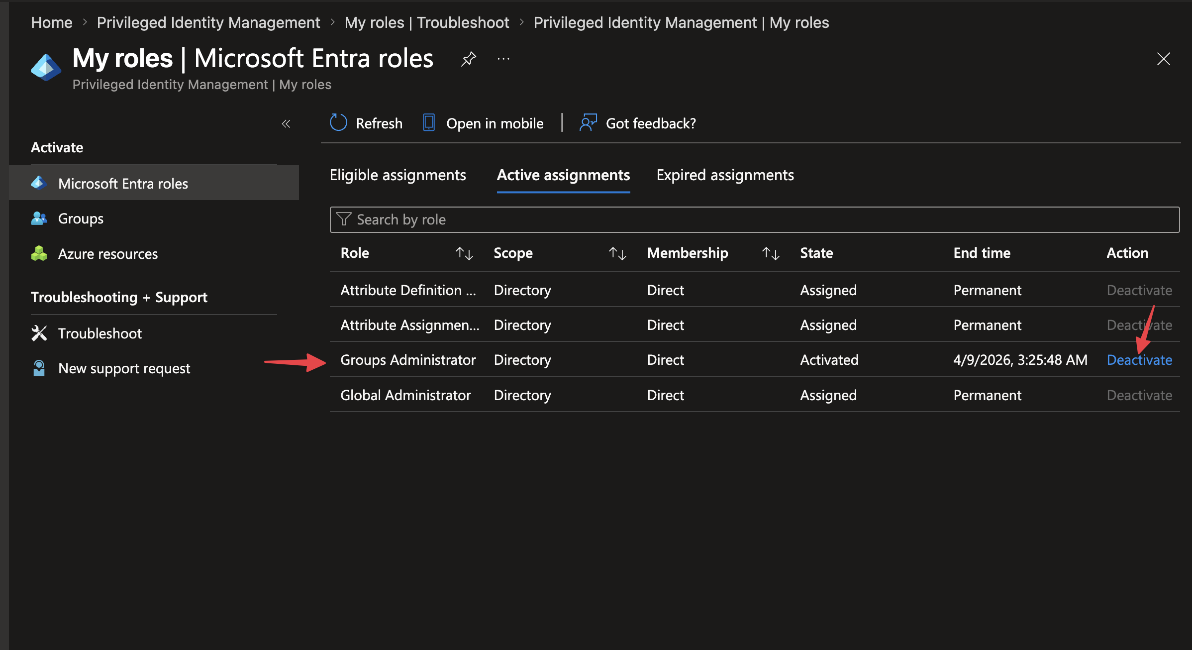 Global Administrator role activated through Privileged Identity Management with a justification