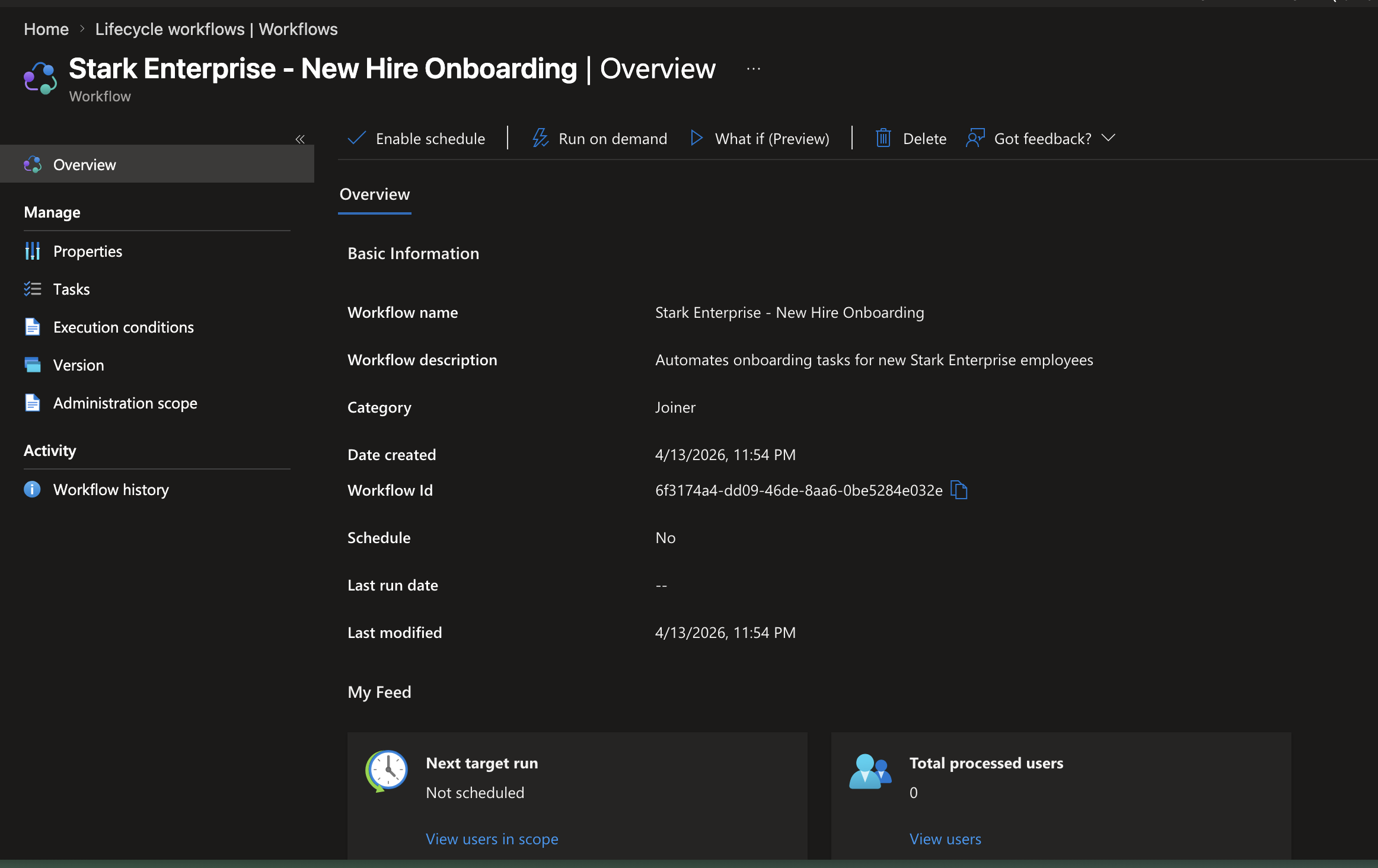 Automated Joiner workflow enabling a new hire account and adding baseline group membership