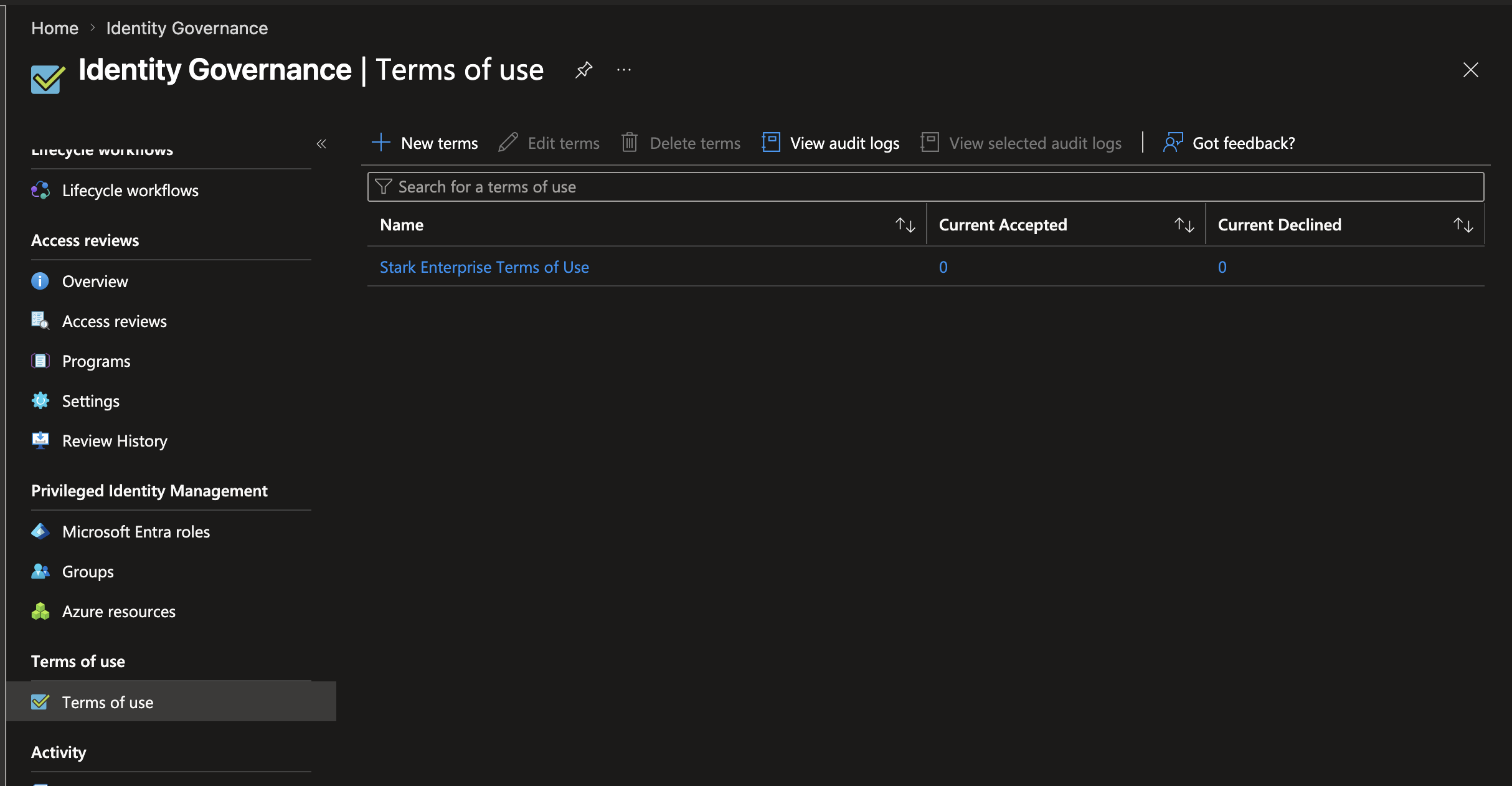 Terms of Use policy created in Microsoft Entra ID Identity Governance