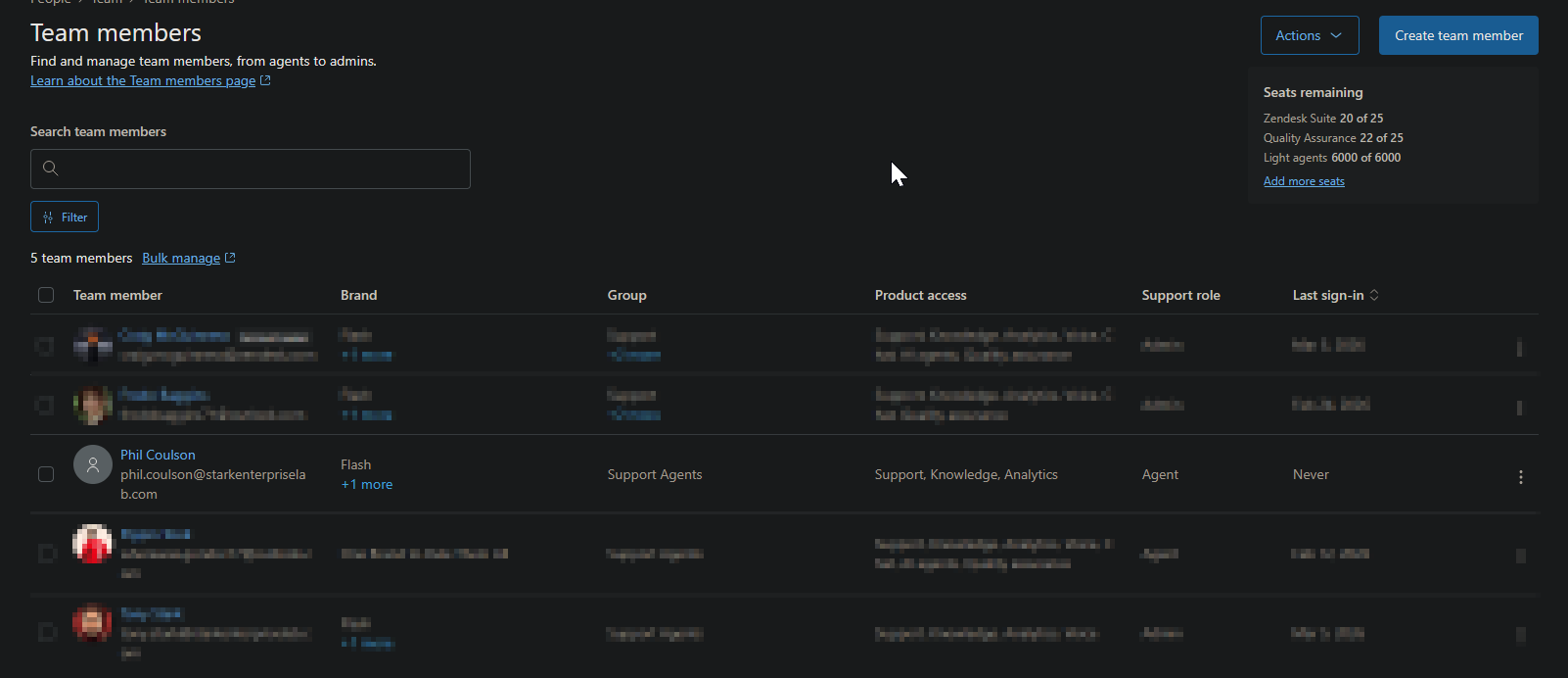 Zendesk team members list showing a user account auto-created by Okta provisioning
