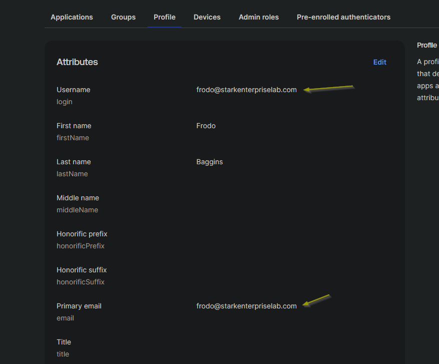 Okta user profile showing an email attribute change used to test provisioning sync behavior
