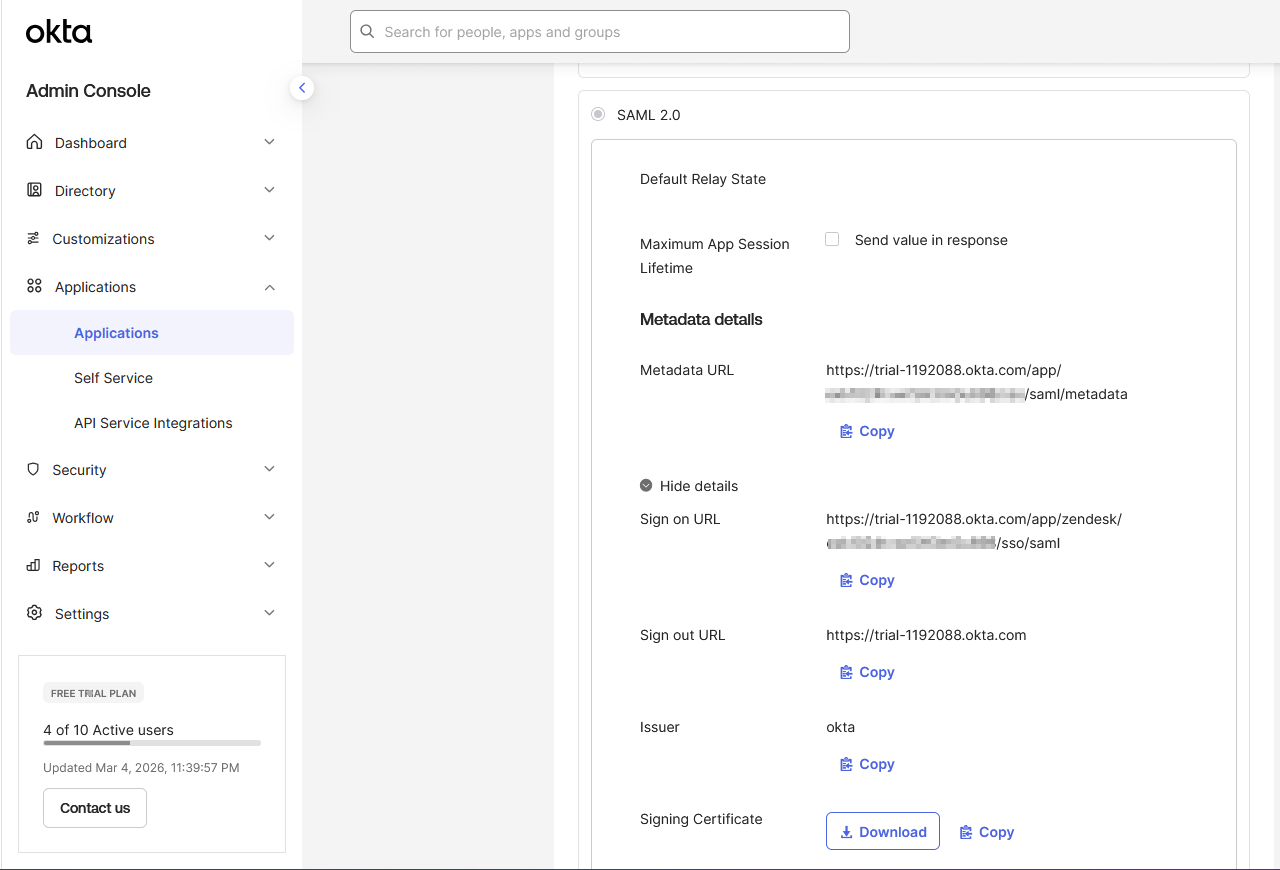 Okta SAML setup instructions showing the identity provider SSO URL, issuer, and certificate