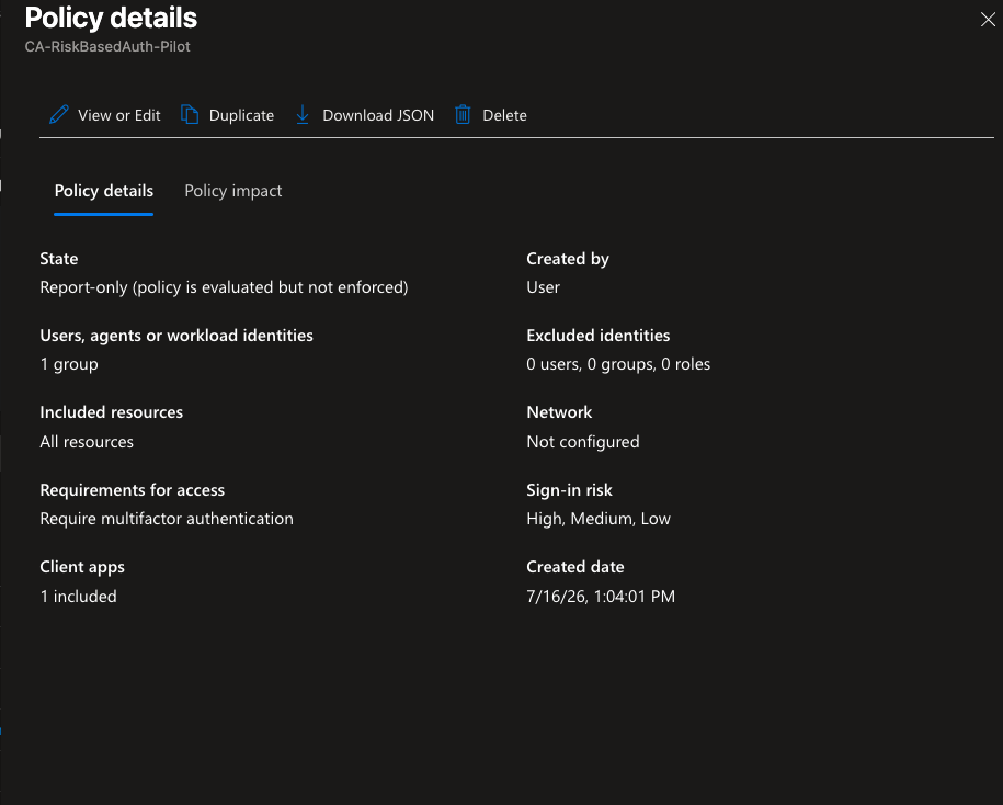 Conditional Access policy summary for CA-RiskBasedAuth-Pilot showing Report-only, one group, all resources, sign-in risk Low/Medium/High, and Require MFA