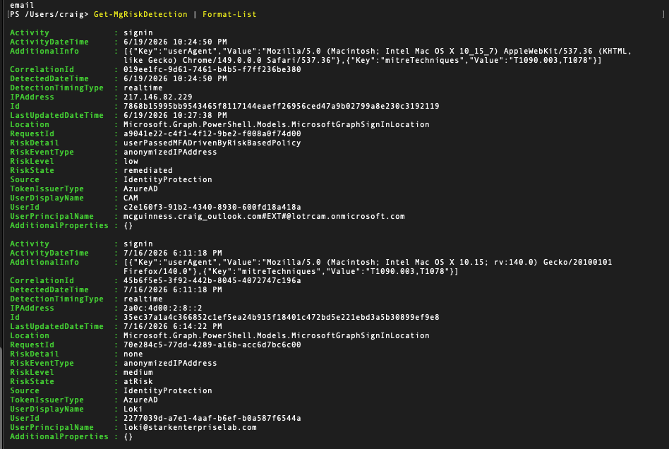 Identity Protection risk detections list showing a real anonymizedIPAddress detection