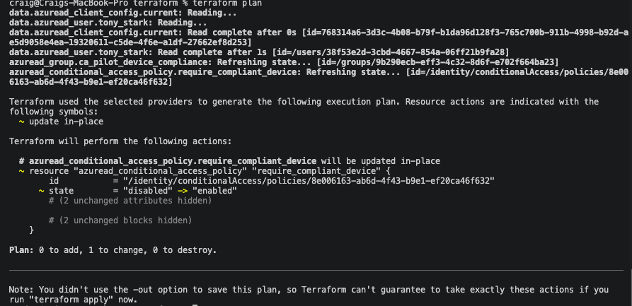 Terminal output showing terraform plan detecting the manual drift on the Conditional Access policy