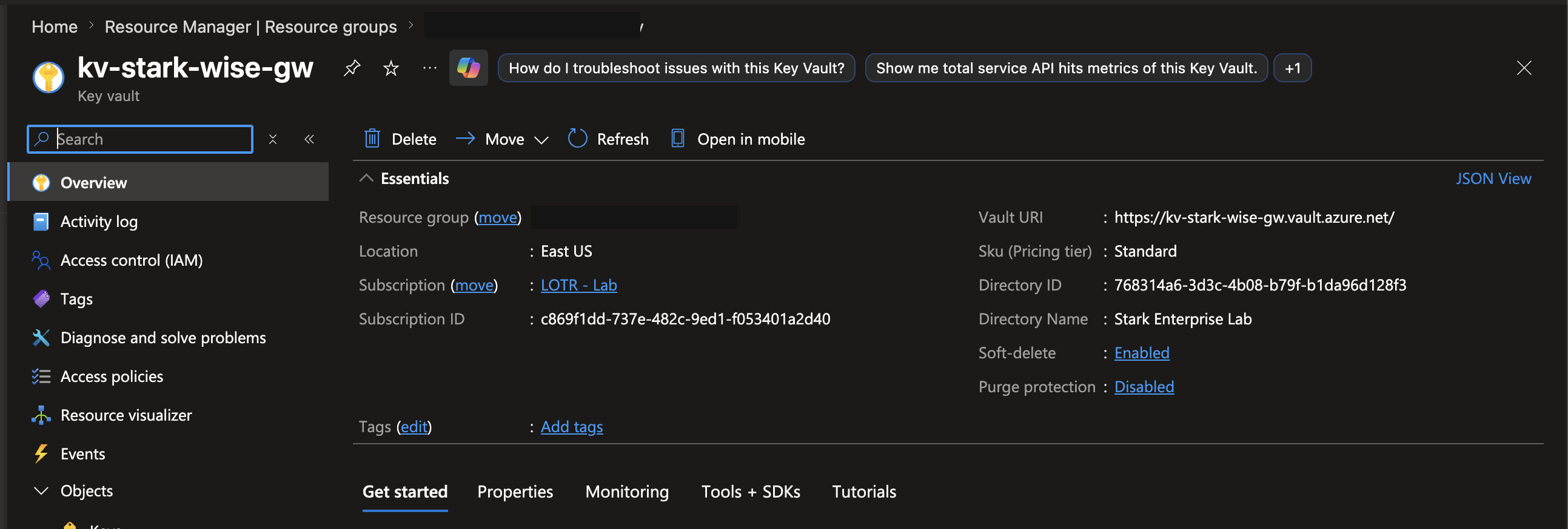 Azure Key Vault overview page for kv-stark-wise-gw showing RBAC authorization enabled