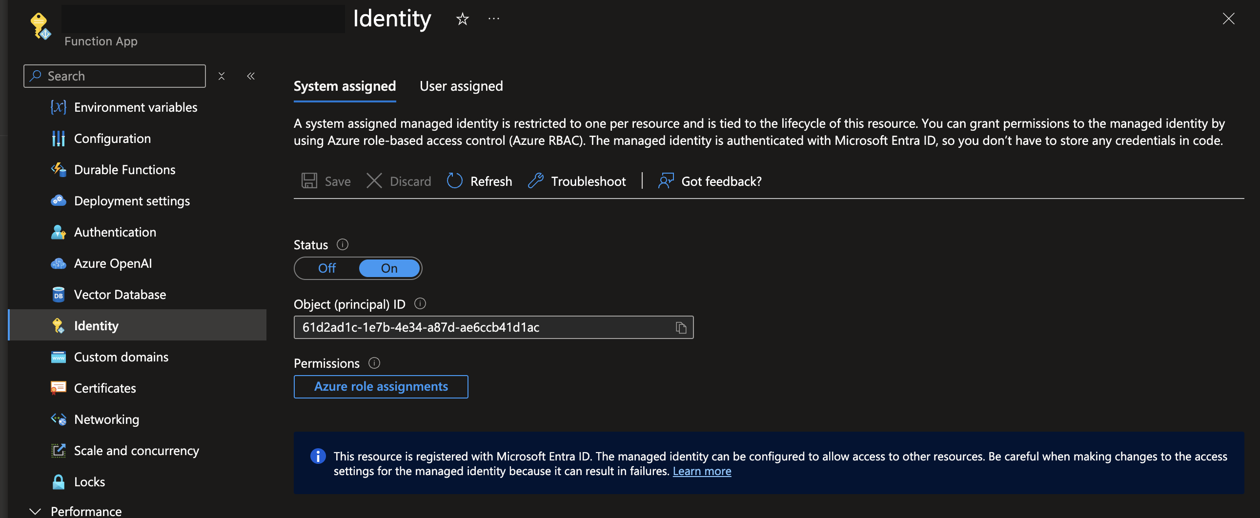 Azure Function App Identity page showing System assigned status set to On