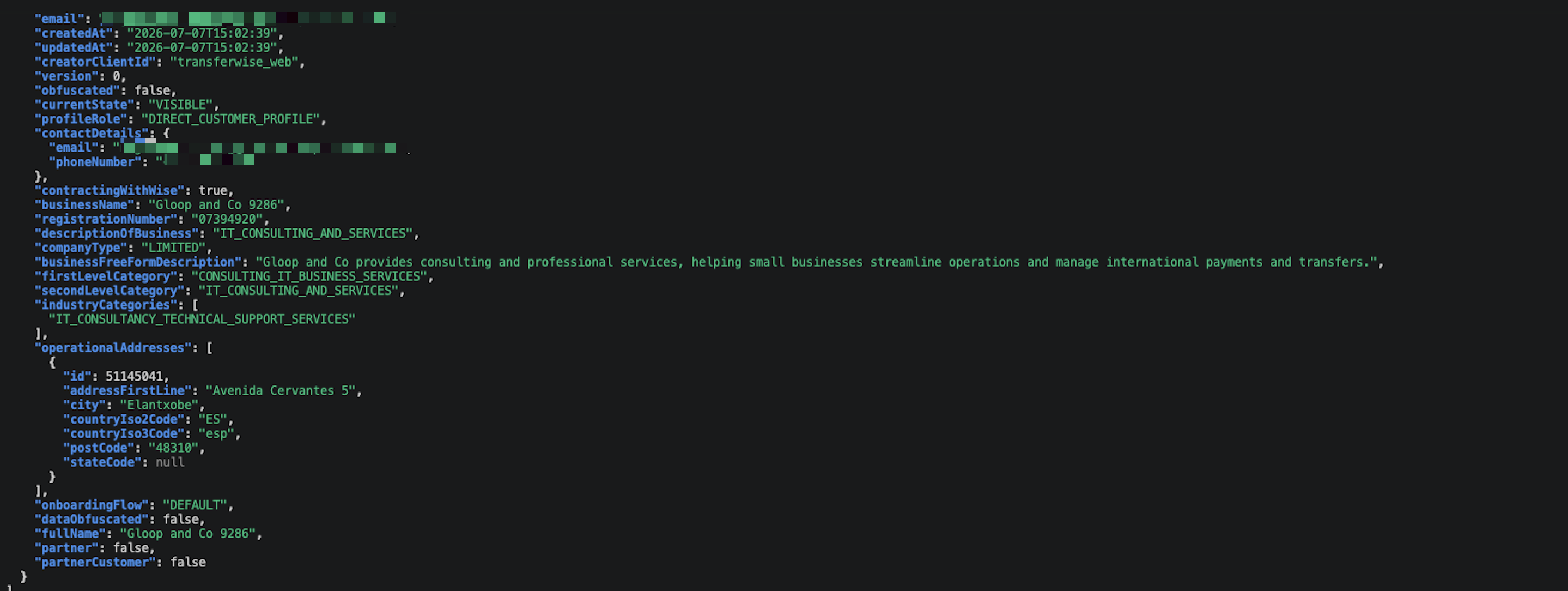 Genuine Wise sandbox API JSON response with contact details redacted