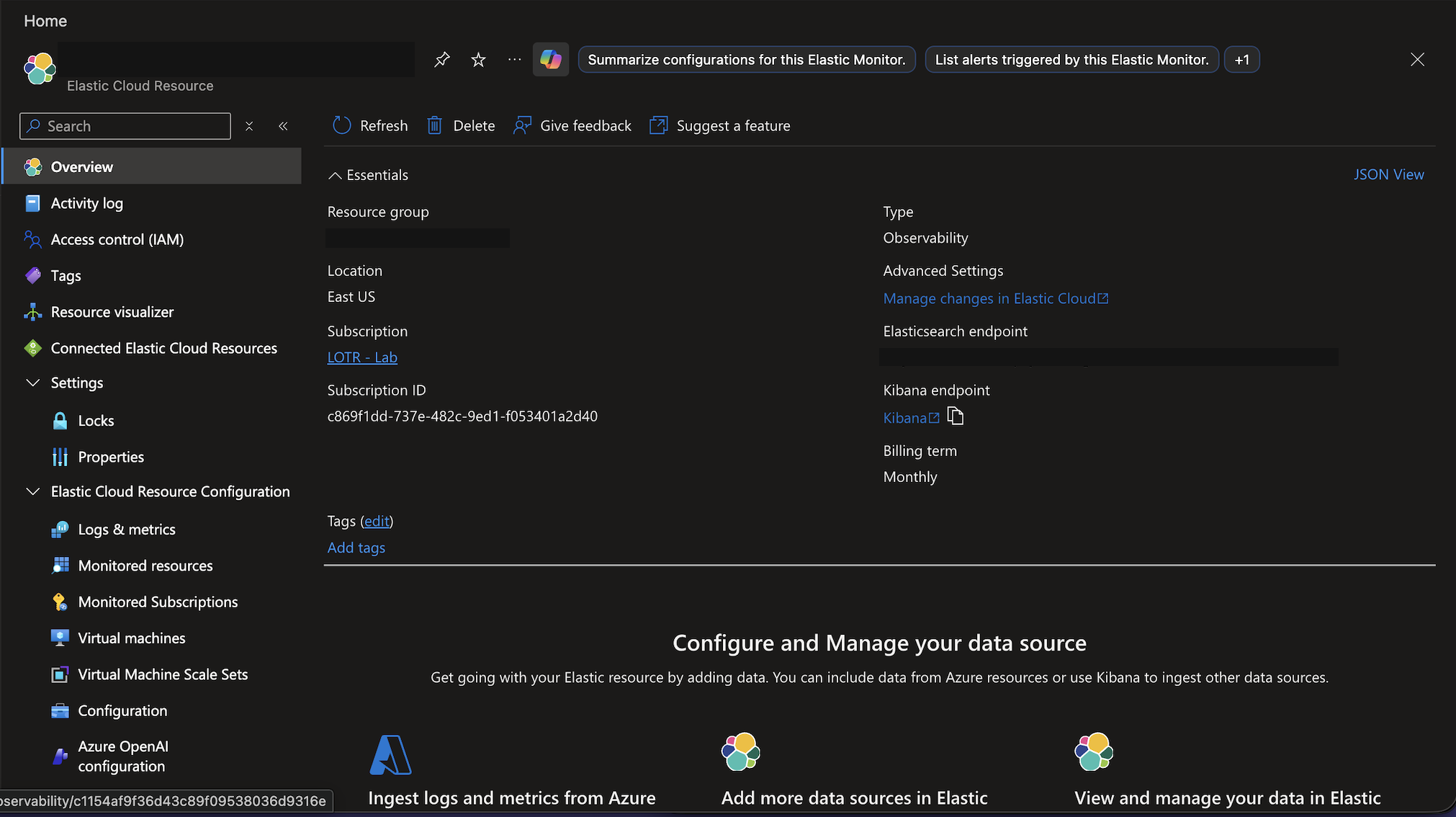 Elastic Cloud resource overview showing the Azure Native Integration connected